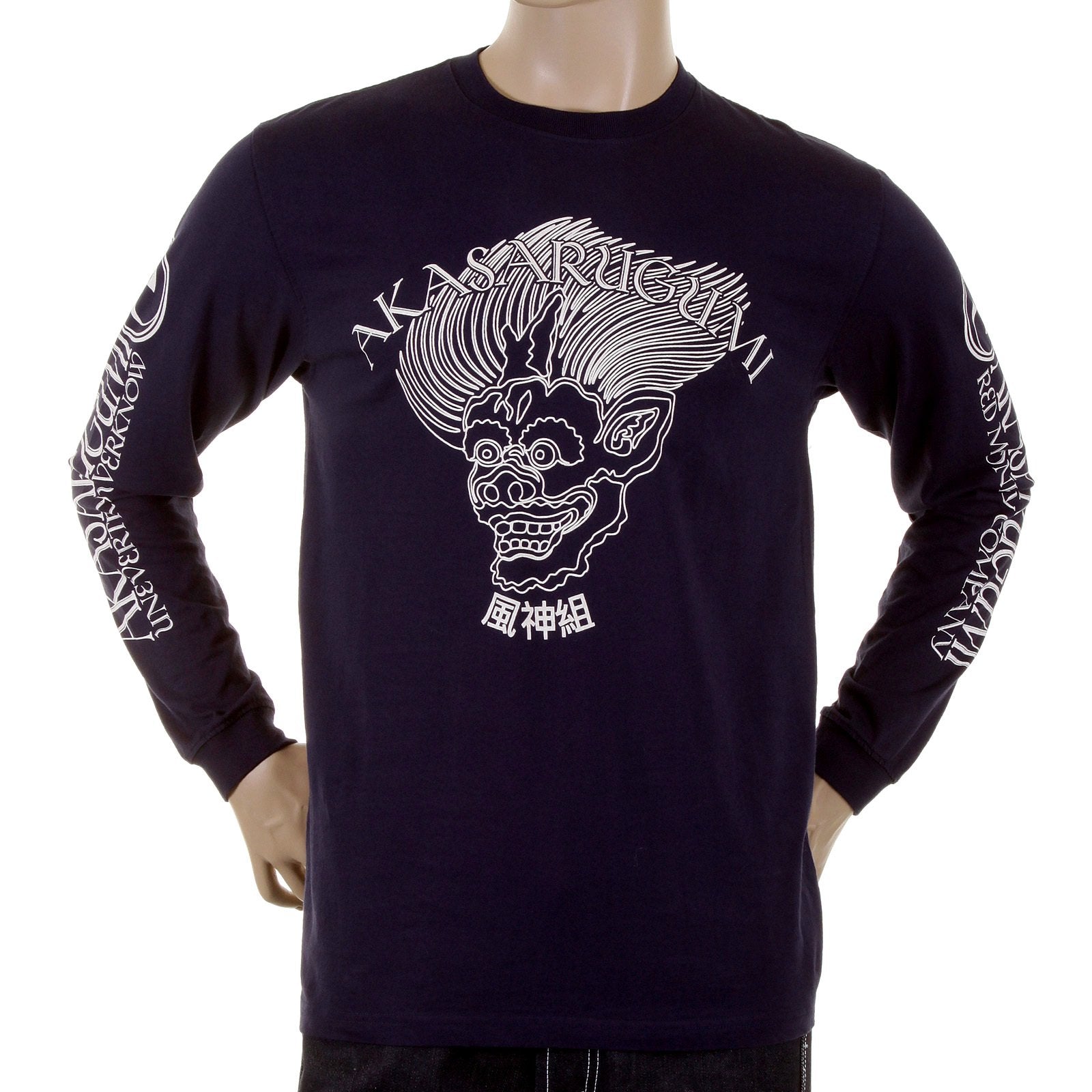 RMC JEANS CREW NECK LONG SLEEVE FUIJIN REGULAR FIT NAVY T-SHIRT WITH AKASARUGUMI PRINT FOR MEN REDM5411