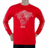 RMC JEANS MENS RED FUIJIN LONG SLEEVE CREW NECK REGULAR FIT T-SHIRT WITH AKASARUGUMI PRINT REDM5412