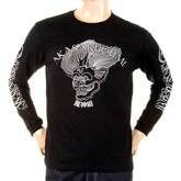 RMC JEANS MENS BLACK FUIJIN LONG SLEEVE REGULAR FIT CREW NECK T-SHIRT WITH AKASARUGUMI PRINT REDM5410