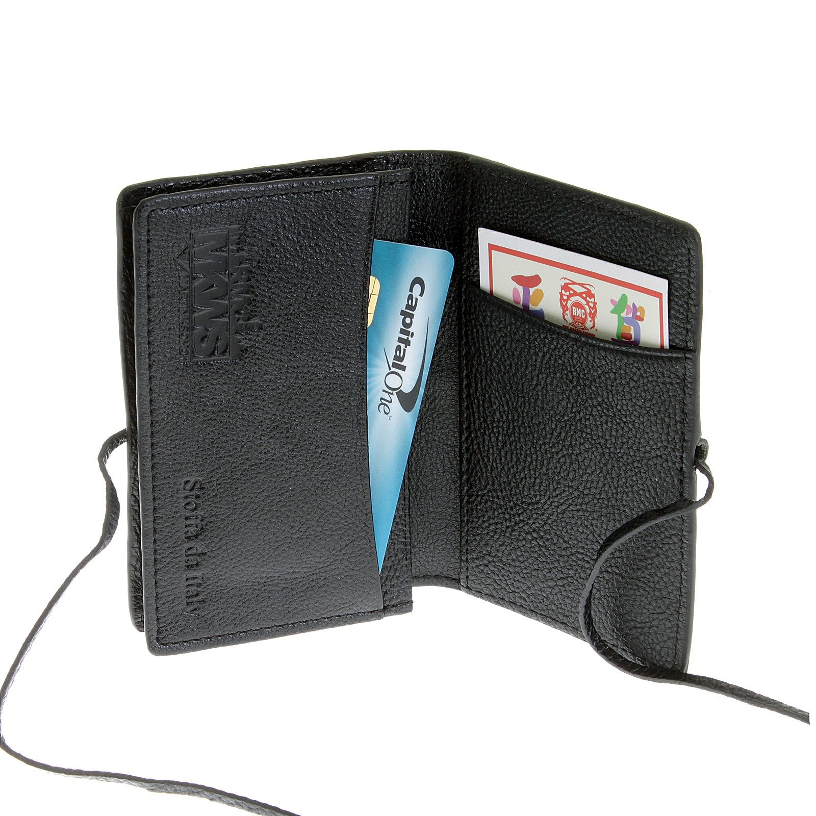 RMC JEANS MENS ITALIAN GRAIN LEATHER CARD HOLDER WALLET WITH SHOE LACE TIE IN BLACK REDM5708