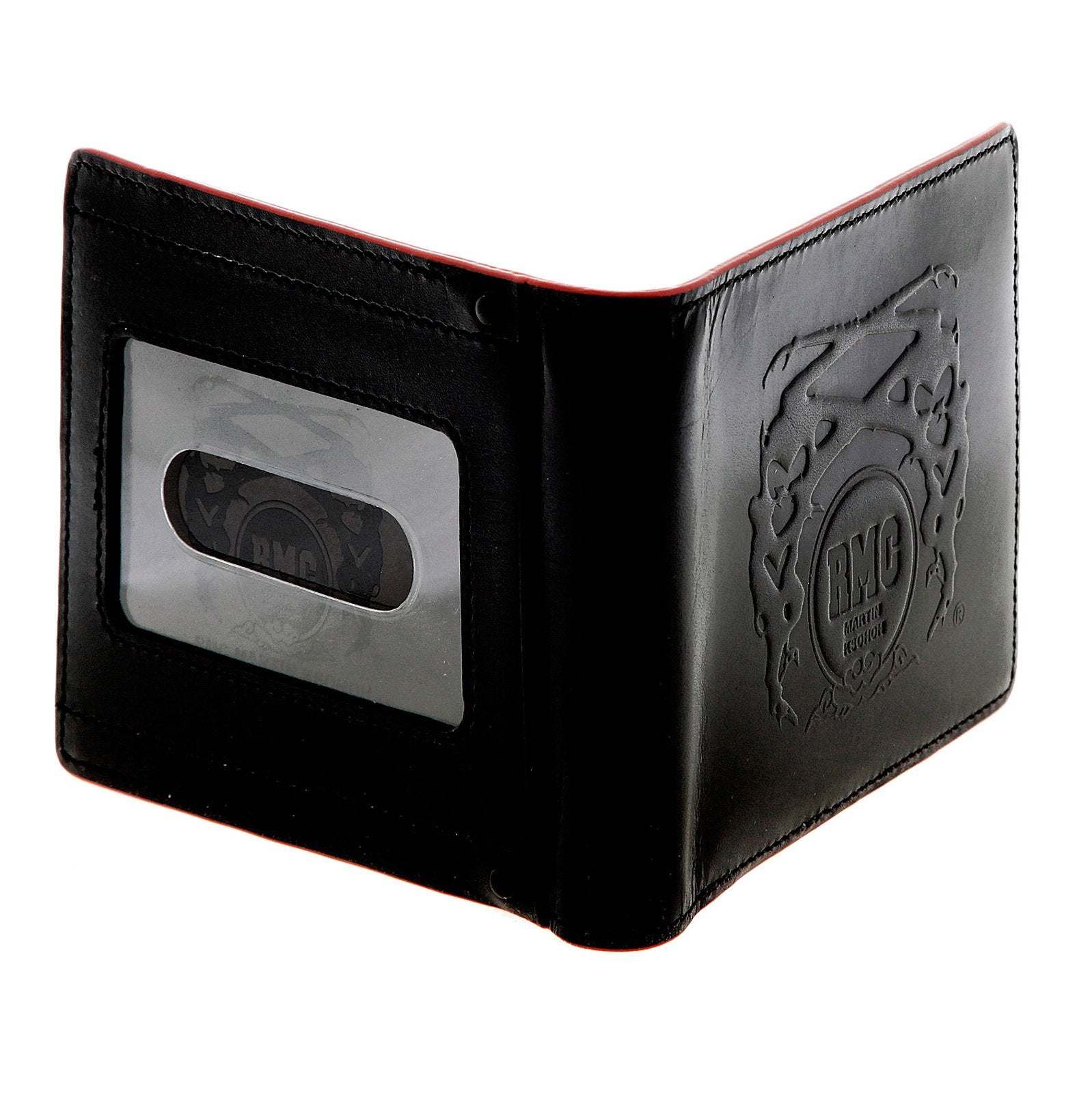 RMC JEANS BLACK LEATHER BILL FOLD AND CREDIT CARD WALLET WITH RED LEATHER TRIM FOR MEN REDM5514
