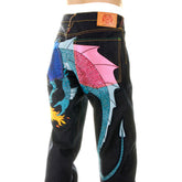 YOROPIKO VINTAGE CUT RAW SELVEDGE DENIM JEANS WITH HUNGRY DRAGON 574 ROYAL BLUE SKY BLUE PINK EMBROIDERY YORO5416