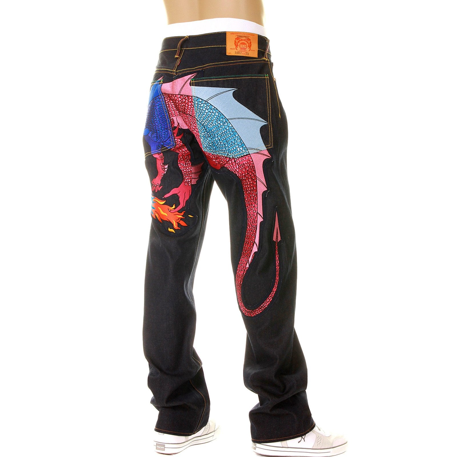 YOROPIKO LIMITED EDITION RAW SELVEDGE DENIM JEANS WITH HUNGRY DRAGON 574 ROYAL BLUE PINK SKY BLUE EMBROIDERY YORO5417