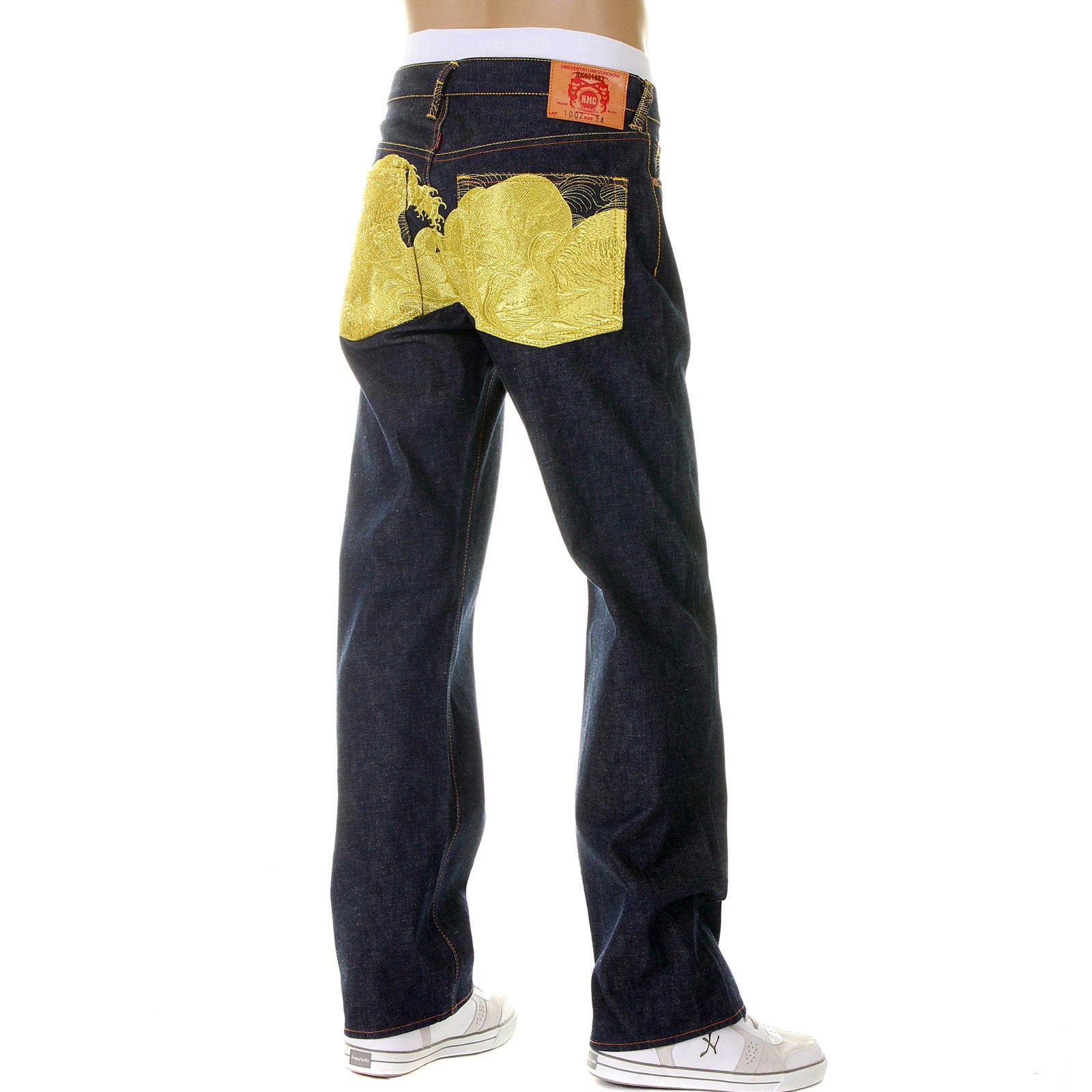 RMC LIMITED EDITION DARK INDIGO SELVEDGE DENIM JEANS WITH DREAM OF THE FISHERMANS WIFE GOLD EMBROIDERY REDM2975
