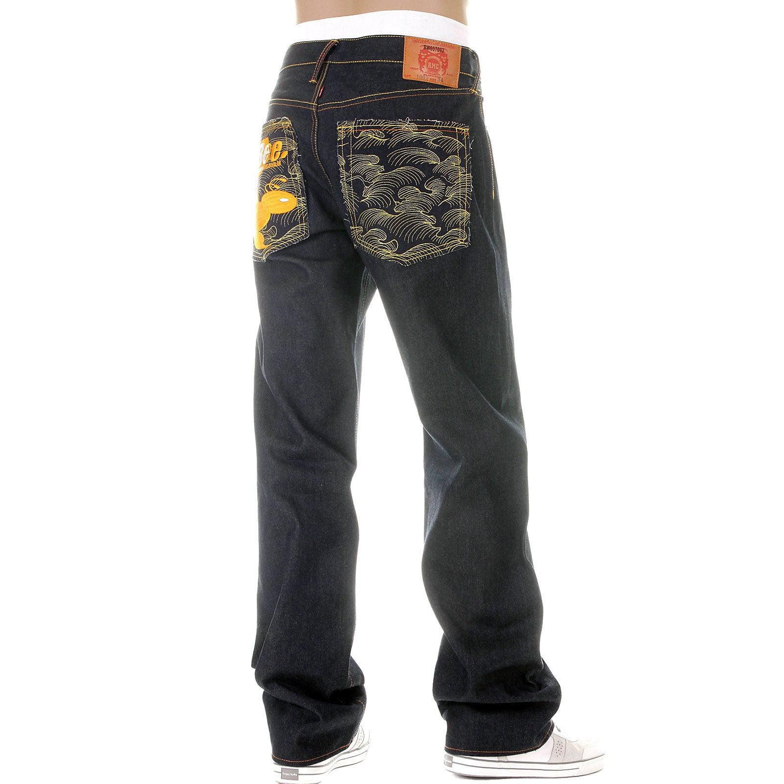RMC MARTIN KSOHOH MENS VINTAGE CUT DARK INDIGO RAW DENIM JEANS WITH NEW MONDAY BEE EMBROIDERED REDM3979