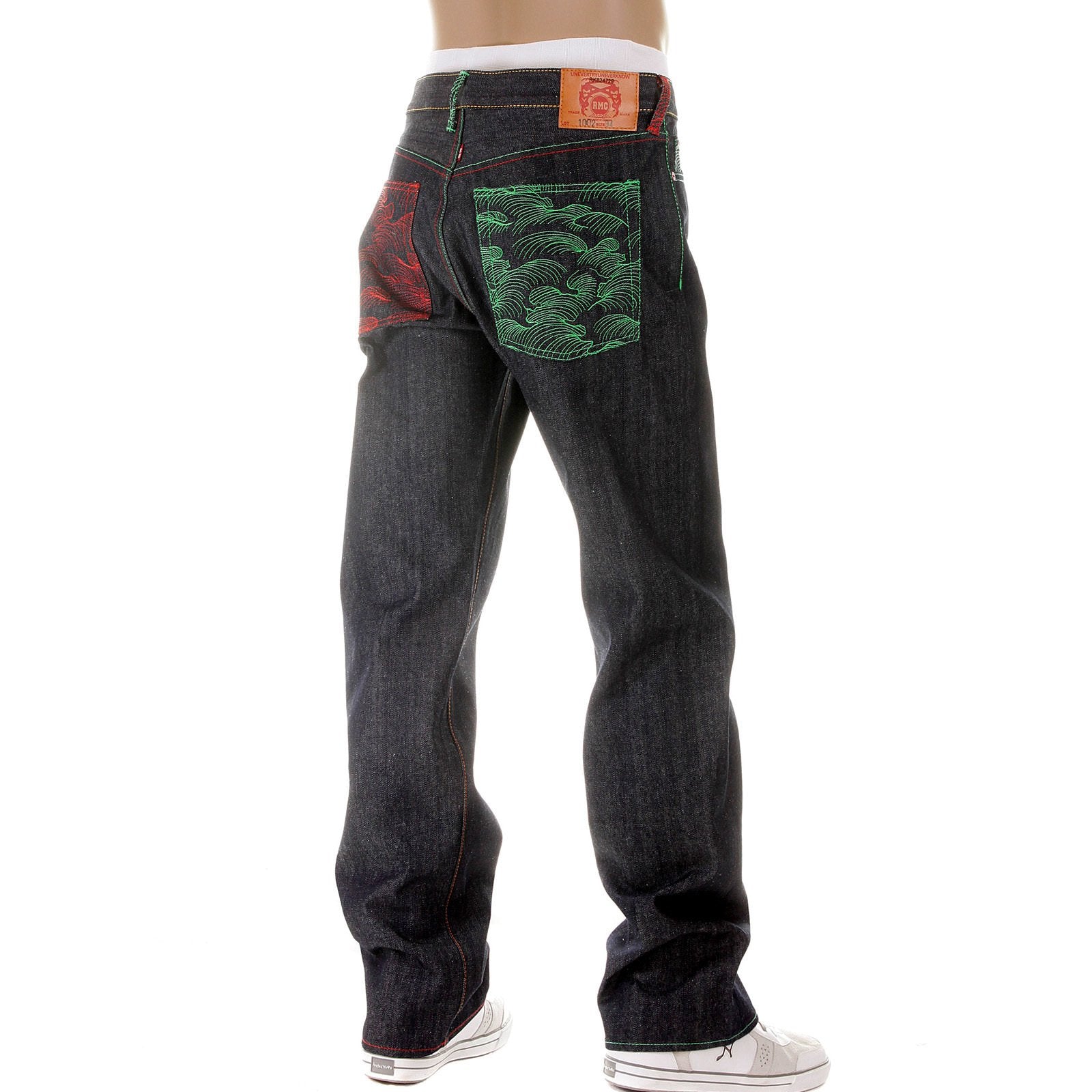 RMC MARTIN KSOHOH MAD PATCH SCARLET AND GREEN EMBROIDERED DARK INDIGO RAW DENIM JEANS WITH VINTAGE CUT REDM3127