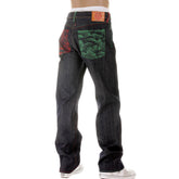 RMC MARTIN KSOHOH MAD PATCH SCARLET AND GREEN EMBROIDERED DARK INDIGO RAW DENIM JEANS WITH VINTAGE CUT REDM3127