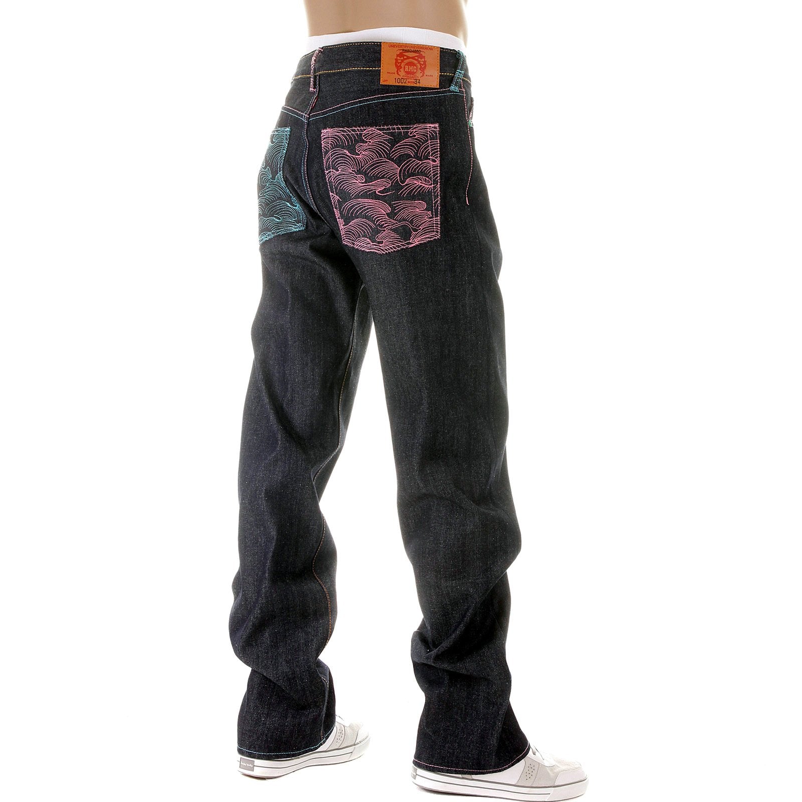 RMC MARTIN KSOHOH DARK INDIGO VINTAGE CUT SELVEDGE RAW DENIM JEANS WITH LAKE BLUE AND PINK EMBROIDERY REDM3132