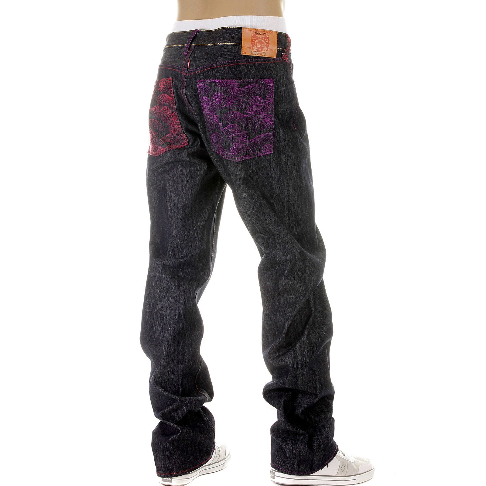 RMC MARTIN KSOHOH MAD PATCH FUSCIA AND VIOLET EMBROIDERED DARK INDIGO RAW DENIM JEANS WITH VINTAGE CUT REDM3142