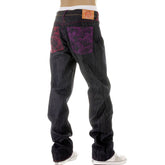 RMC MARTIN KSOHOH MAD PATCH FUSCIA AND VIOLET EMBROIDERED DARK INDIGO RAW DENIM JEANS WITH VINTAGE CUT REDM3142