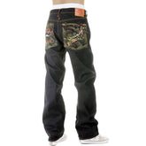 RMC MARTIN KSOHOH MENS VINTAGE CUT DARK INDIGO RAW DENIM JEANS WITH DRAGON AND JAPAN MAP EMBROIDERY REDM2891
