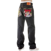 RMC MARTIN KSOHOH VINTAGE CUT HOUSE SELVEDGE DARK INDIGO RAW DENIM JEANS WITH HARVEST BUDDHA EMBROIDERY REDM2893
