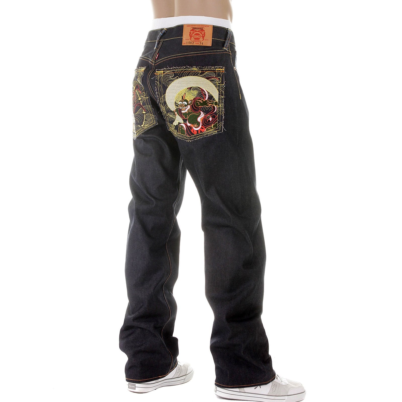 RMC MARTIN KSOHOH MENS DARK INDIGO 09 VINTAGE CUT RAW SELVEDGE JEANS WITH FUJIN AND RAIJIN EMBROIDERY REDM2899