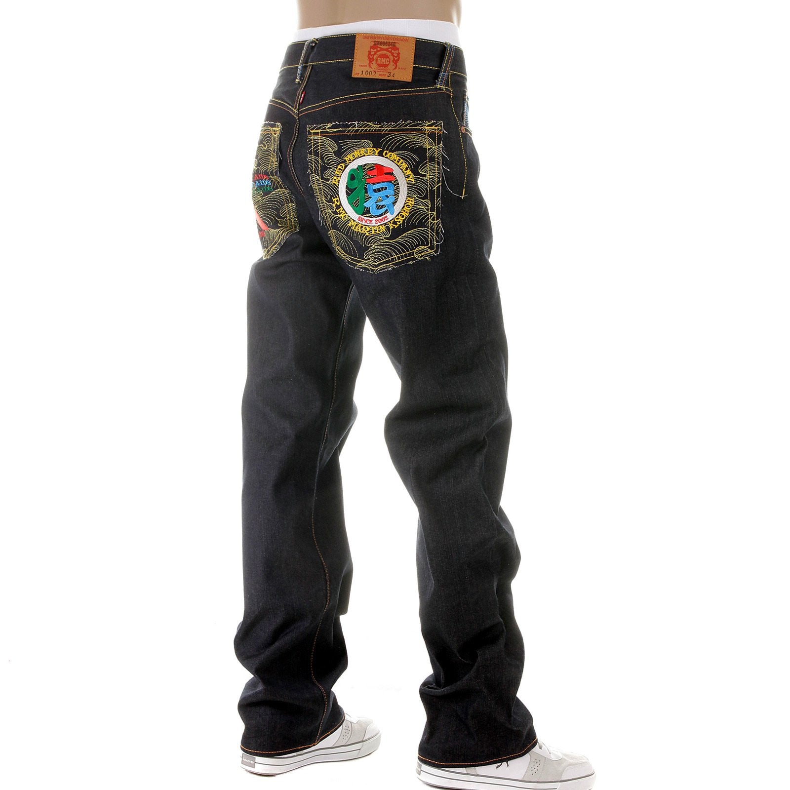 RMC MARTIN KSOHOH DARK INDIGO VINTAGE CUT RAW SELVEDGE DENIM JEANS WITH 4A SARU RIBBON EMBROIDERY REDM2897