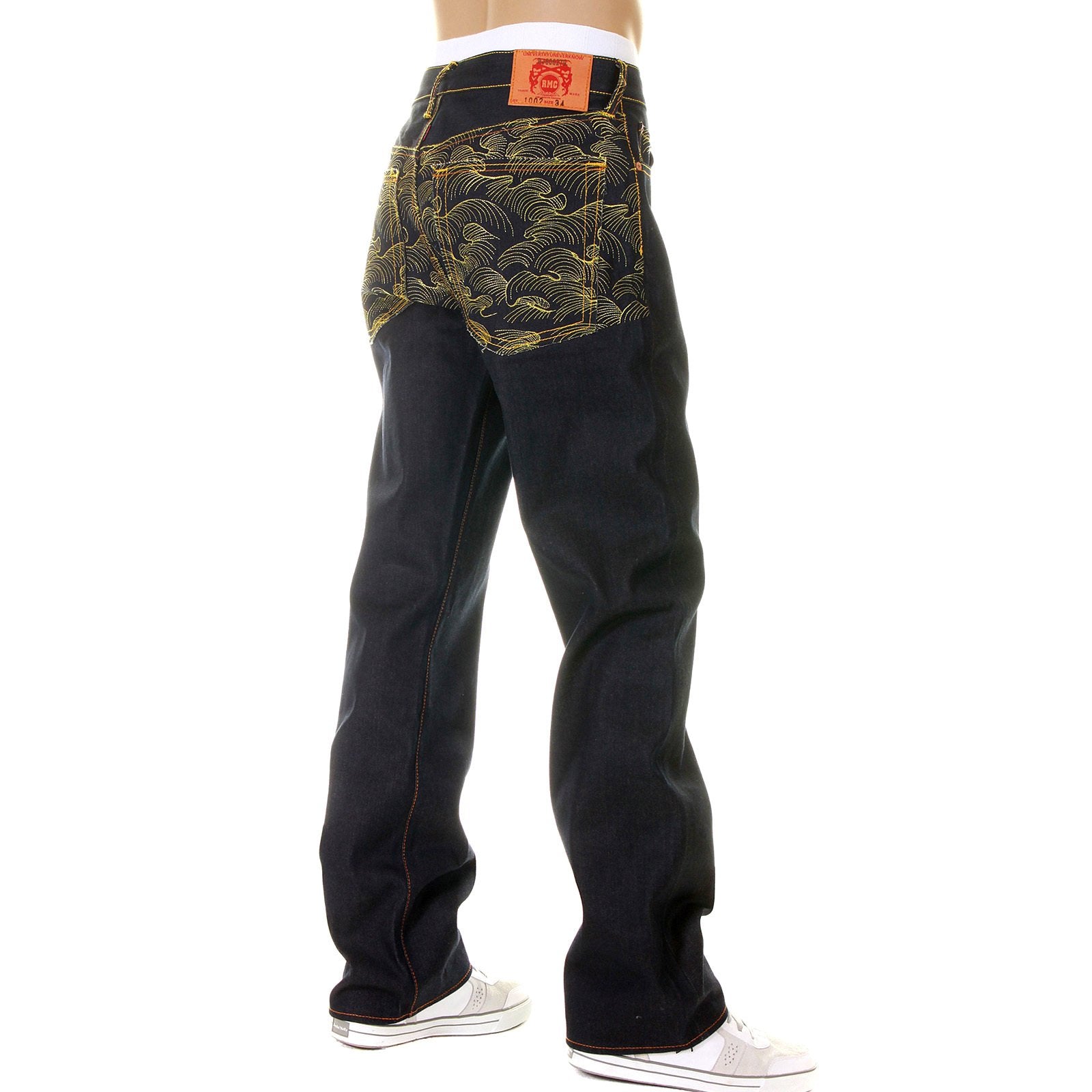 RMC MARTIN KSOHOH DARK INDIGO VINTAGE CUT RAW SELVEDGE DENIM JEANS WITH GOLD TSUNAMI WAVE EMBROIDERY REDM6215