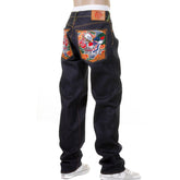 RMC JEANS DARK INDIGO SUPER EXCLUSIVE HOUSE SELVEDGE RAW DENIM JEANS WITH EMPIRE DRAGON EMBROIDERY REDM0005