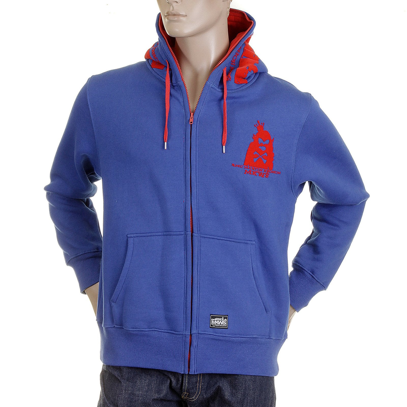 RMC MKWS HOODED ZIPPED ROYAL BLUE RED FLOCK PRINTED REGULAR FIT SWEATSHIRT FOR MEN REDM2338