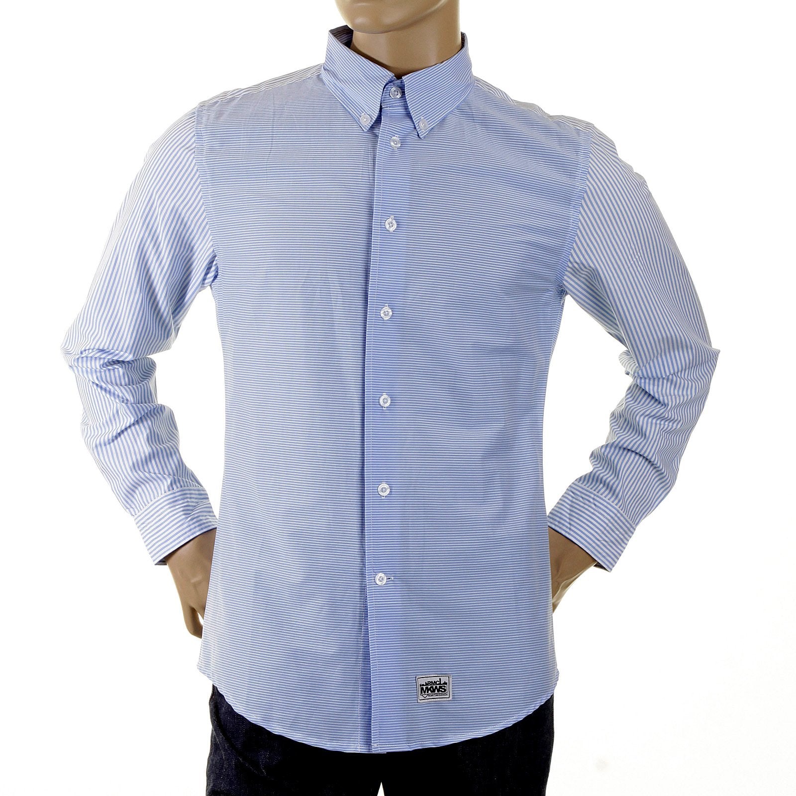 RMC MARTIN KSOHOH MKWS BLUE STRIPED PATCH SLEEVE REGULAR FIT BUTTON DOWN COLLAR SHIRT FOR MEN REDM2110