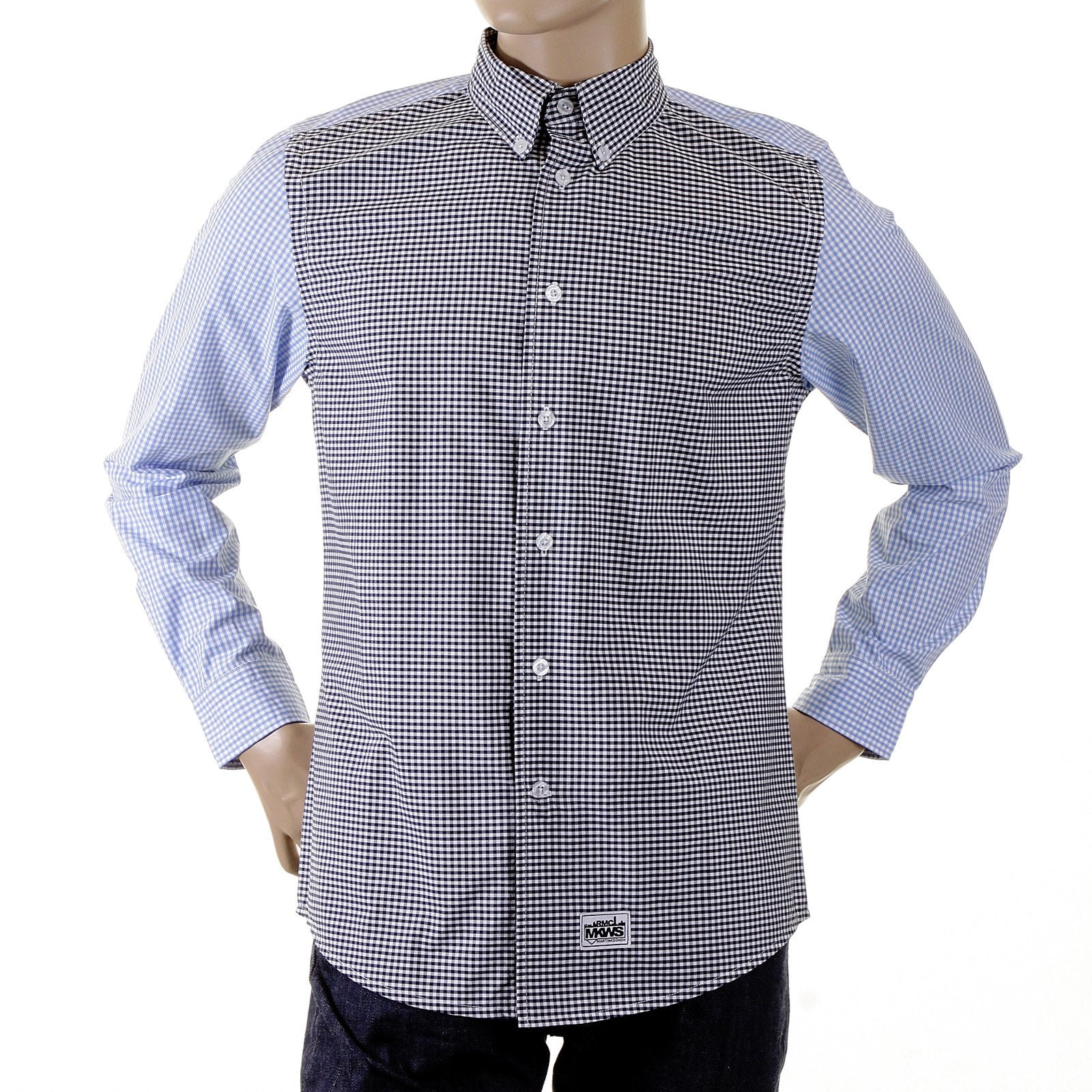RMC MARTIN KSOHOH MKWS BLACK AND BLUE PATCH SLEEVE REGULAR FIT BUTTON DOWN COLLAR SHIRT FOR MEN REDM2112