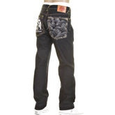 RMC MODEL 1001 SLIMMER CUT SILVER LOGO AND TSUNAMI WAVE DARK INDIGO SELVEDGE RAW DENIM JEANS REDM0239