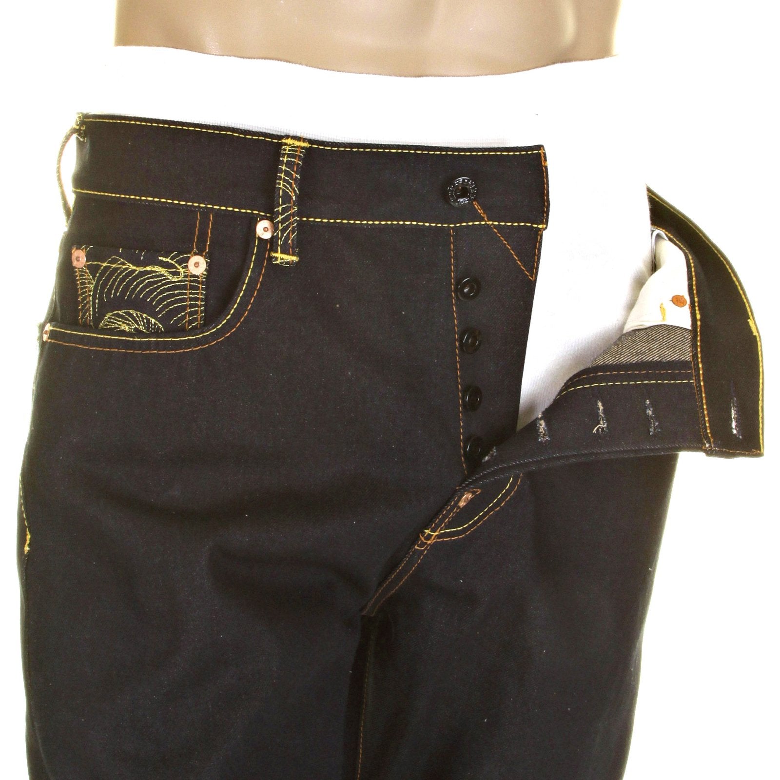 RMC JEANS GREEN LOGO AND TSUNAMI WAVE DARK INDIGO 11030 SLIMMER CUT RAW SELVEDGE DENIM JEANS REDM0096