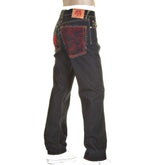 RMC MODEL 1001 SLIMMER CUT RED TSUNAMI WAVE AND LOGO DARK INDIGO SELVEDGE RAW DENIM JEANS REDM0091