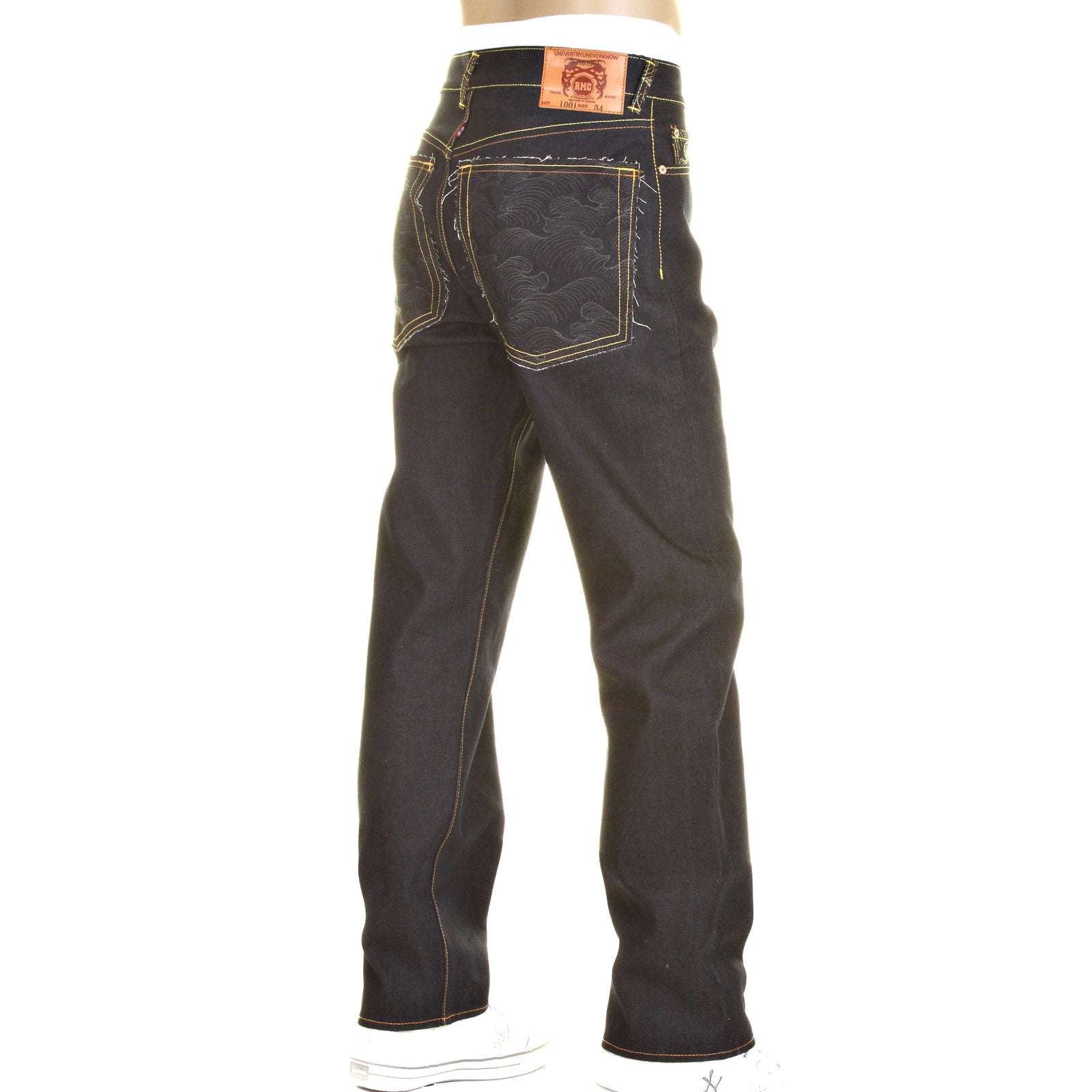 RMC CHARCOAL TSUNAMI WAVE AND LOGO DARK INDIGO SLIMMER CUT 1001 MODEL RAW SELVEDGE DENIM JEANS REDM0238