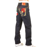 RMC RAW SELVEDGE DENIM 1001 SLIMMER CUT MODEL DARK INDIGO JEANS WITH JAPANESE ART EMBROIDERY REDM0464