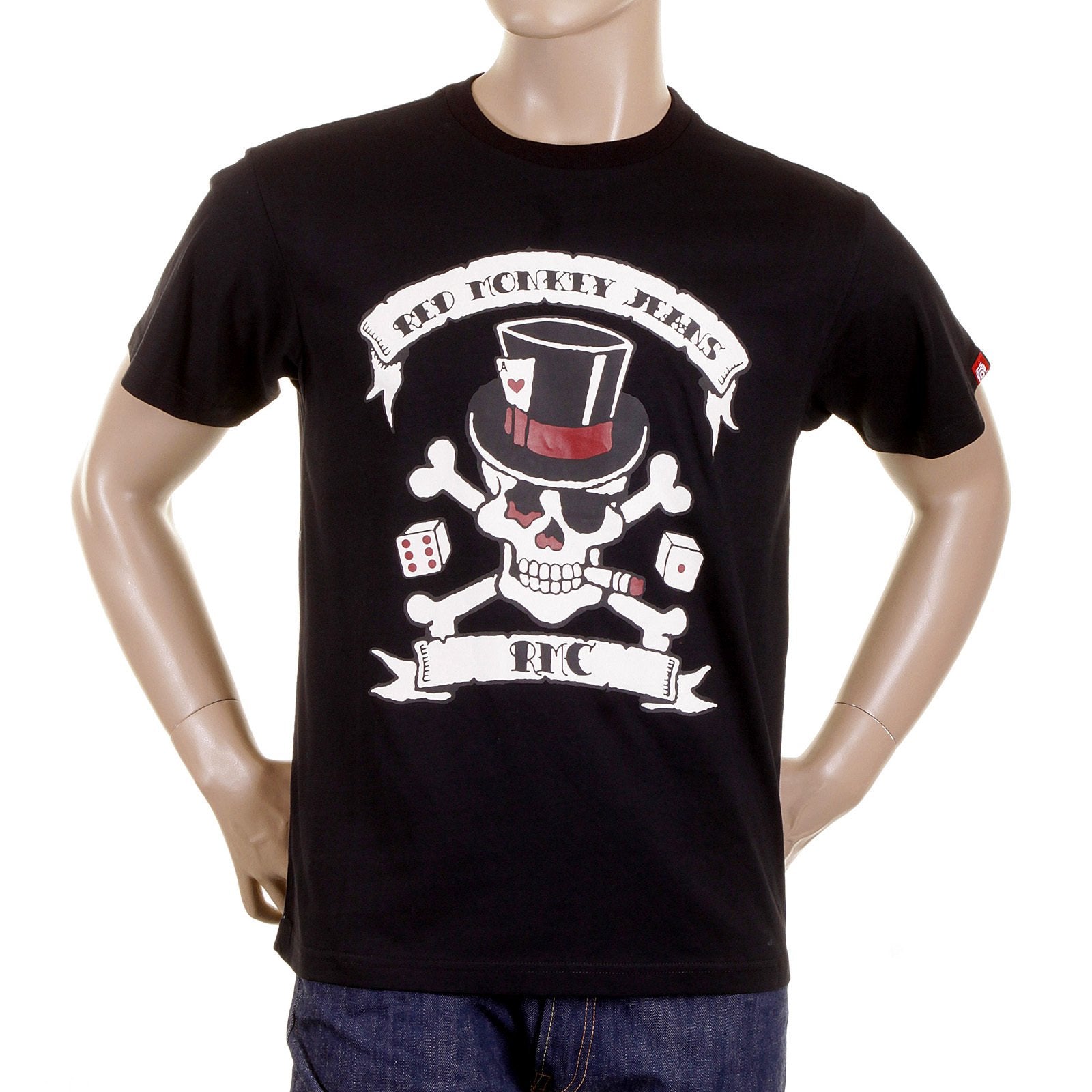 RMC CREW NECK BLACK REGULAR FIT T SHIRT WITH SMOKING SKULL AND CROSSBONES PRINT REDM2092