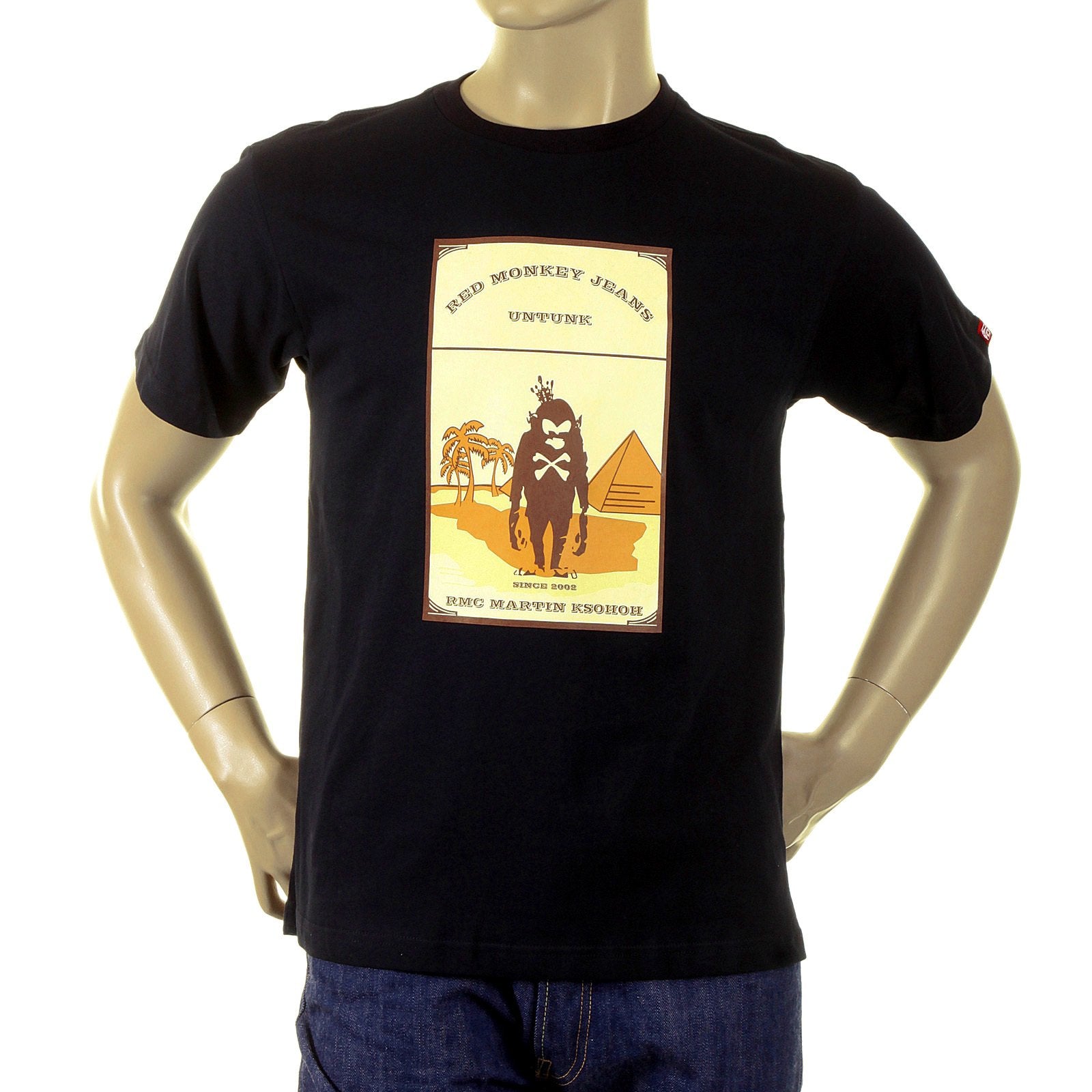 RMC JEANS SHORT SLEEVE REGULAR FIT CREWNECK CAMEL CIGARETTE PACKET PRINTED T-SHIRT IN BLACK REDM1163