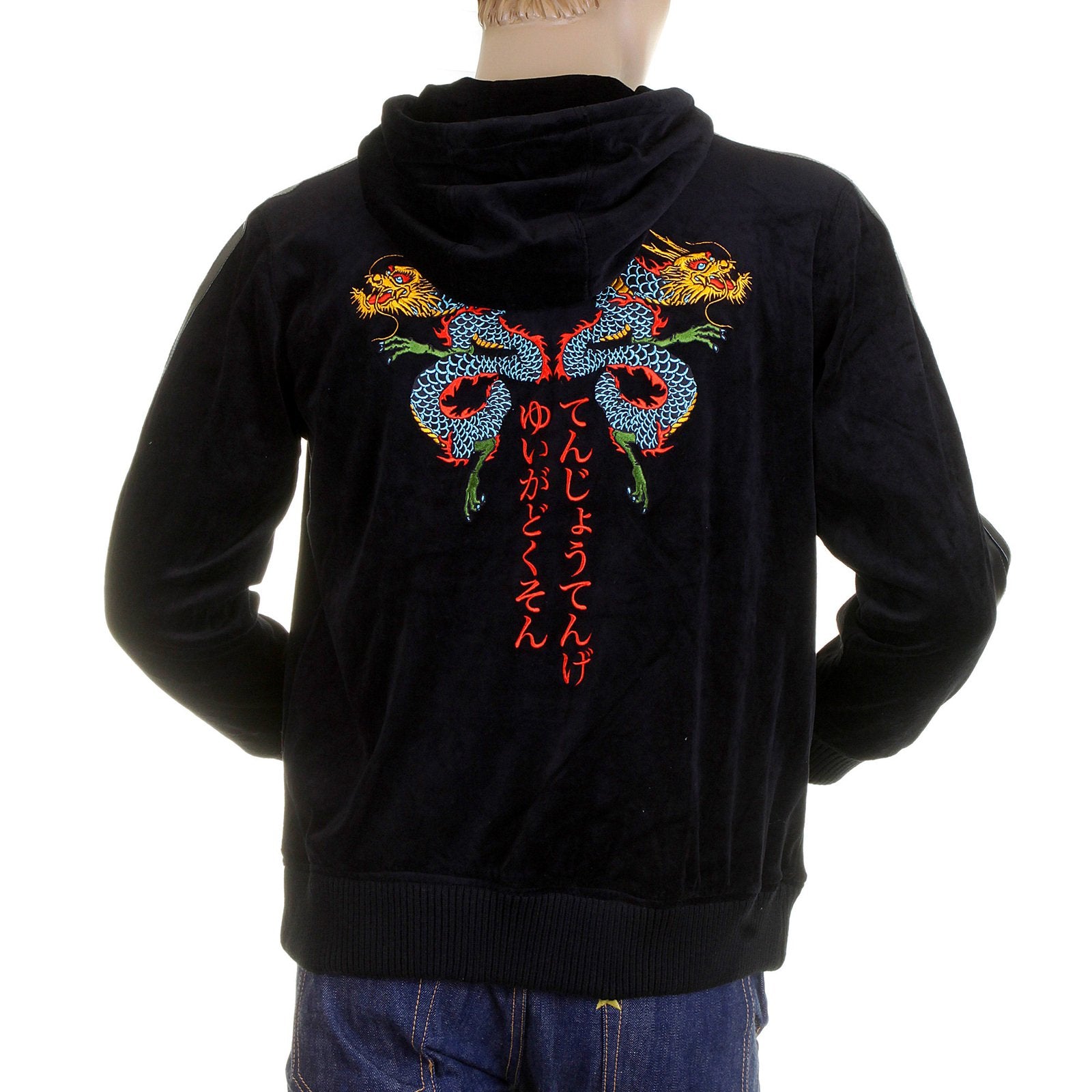 RMC JEANS REGULAR FIT HOODED EMPIRE DRAGON EMBROIDERED BLACK VELVET JACKET FOR MEN WITH ZIP CLOSURE REDM2355