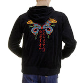 RMC JEANS REGULAR FIT HOODED EMPIRE DRAGON EMBROIDERED BLACK VELVET JACKET FOR MEN WITH ZIP CLOSURE REDM2355