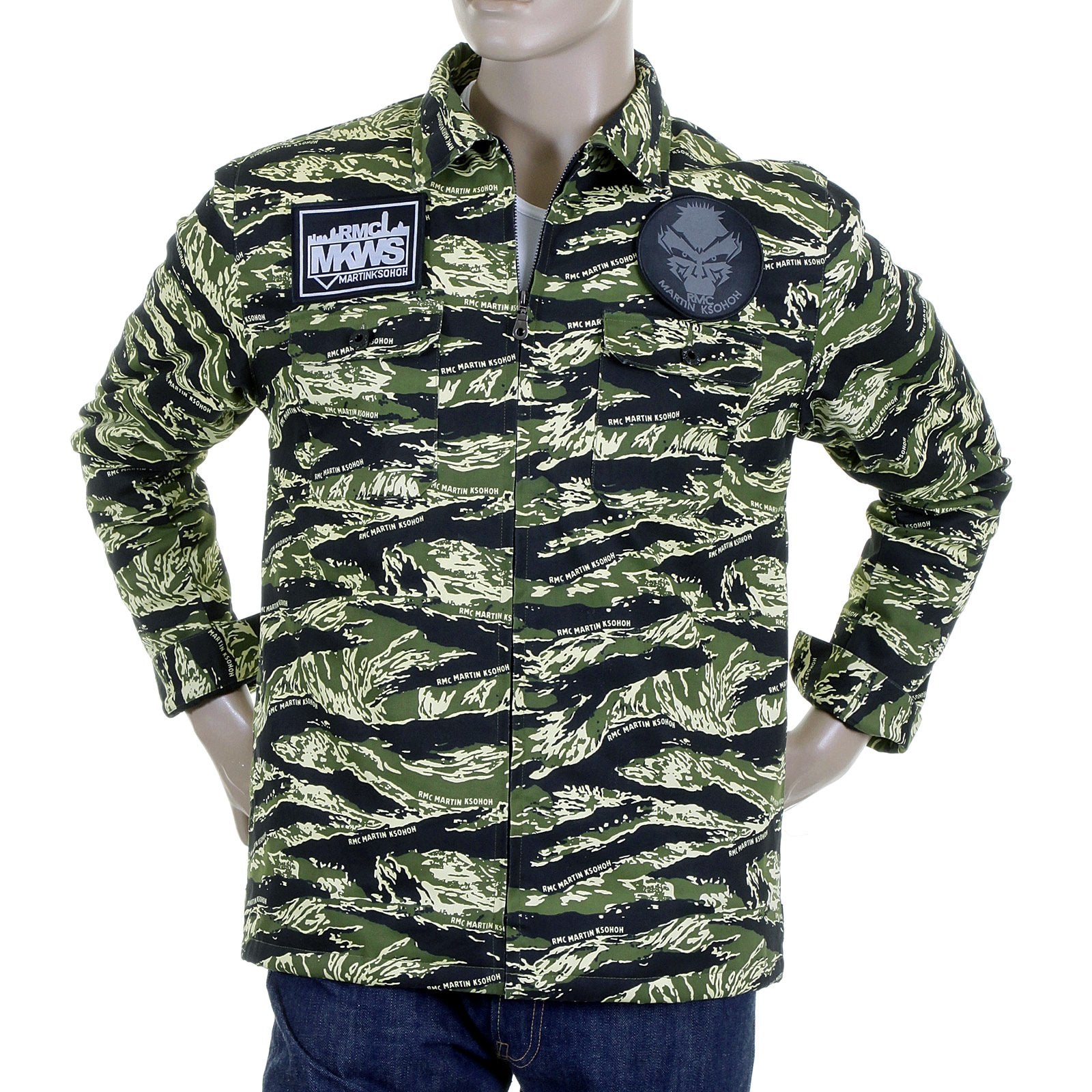 RMC JEANS REGULAR FIT GREEN TIGER CAMO RQZ1085 FIELD JACKET FOR MEN WITH ZIP FRONT CLOSURE REDM2358A