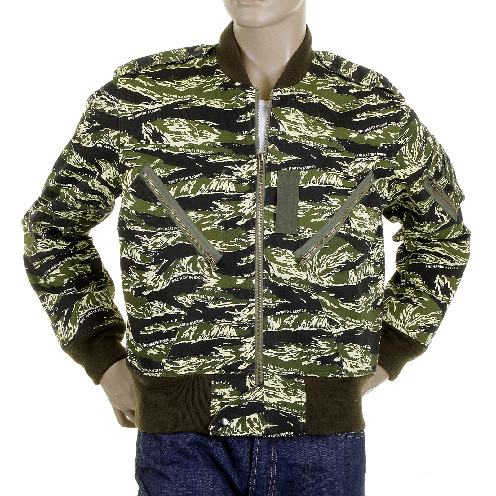 RMC JEANS REGULAR FIT GREEN CAMO RQZ1095 BOMBER JACKET FOR MEN WITH ZIP FRONT CLOSURE REDM2346A