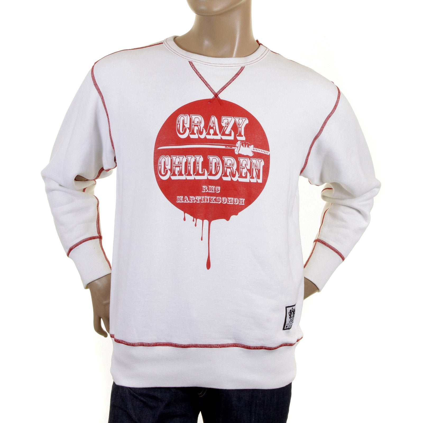 RMC MARTIN KSOHOH MENS LARGE FITTING WHITE RWH141264 CREW NECK RED CRAZY CHILDREN PRINTED SWEATSHIRT REDM0928