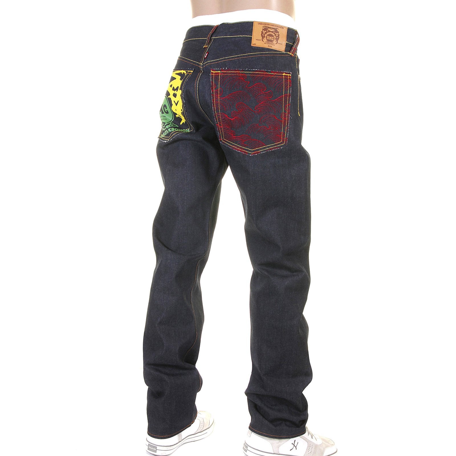 RMC JEANS DARK INDIGO GENUINE 1001 MODEL TSUNAMI WAVE EMBROIDERED SLIM CUT PAINTED LOGO RAW DENIM JEANS REDM1169
