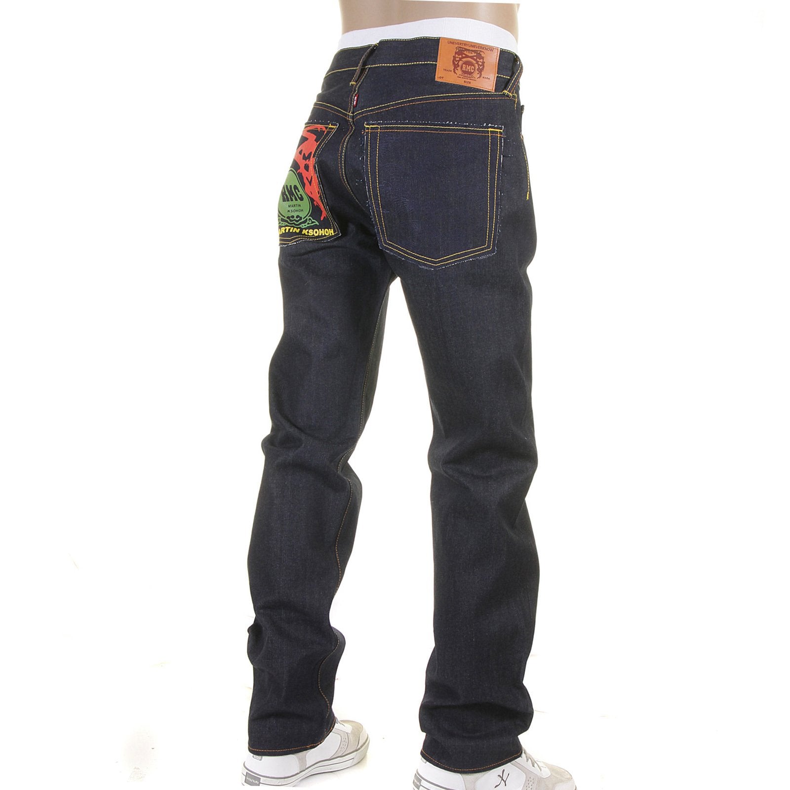 RMC JEANS SUPER EXCLUSIVE EMBROIDERED TSUNAMI WAVE PAINTED LOGO DARK INDIGO SLIM CUT RAW DENIM JEANS REDM1309