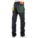 RMC JEANS RARE 1001 MODEL EMBROIDERED TSUNAMI WAVE SLIM CUT PAINTED LOGO RAW DENIM DARK INDIGO JEANS REDM1425