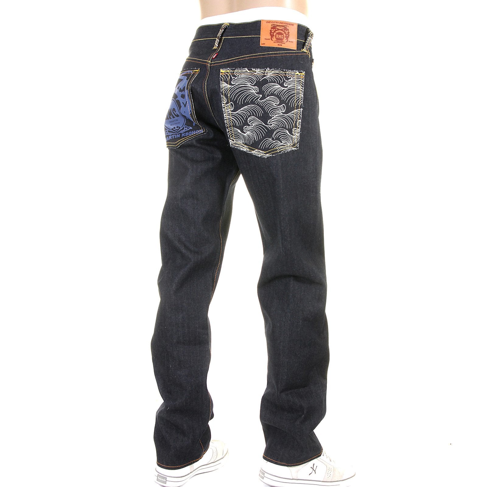RMC JEANS ORIGINAL RAW DENIM PAINTED LOGO TSUNAMI WAVE EMBROIDERED JEANS IN DARK INDIGO WITH SLIM CUT REDM1473