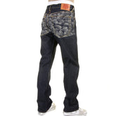 RMC MARTIN KSOHOH RARE VINTAGE CUT DARK INDIGO RAW DENIM JEANS WITH OFF WHITE TSUNAMI WAVE EMBROIDERY REDM1787