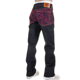 RMC MARTIN KSOHOH GENUINE VINTAGE CUT DARK INDIGO RAW DENIM JEANS WITH FUCHSIA TSUNAMI WAVE EMBROIDERY REDM1911