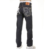 RMC SLIMMER CUT 1001 MODEL DARK INDIGO 888 RAW DENIM JEANS WITH ROCK N ROLL AND TSUNAMI WAVE EMBROIDERY REDM4604