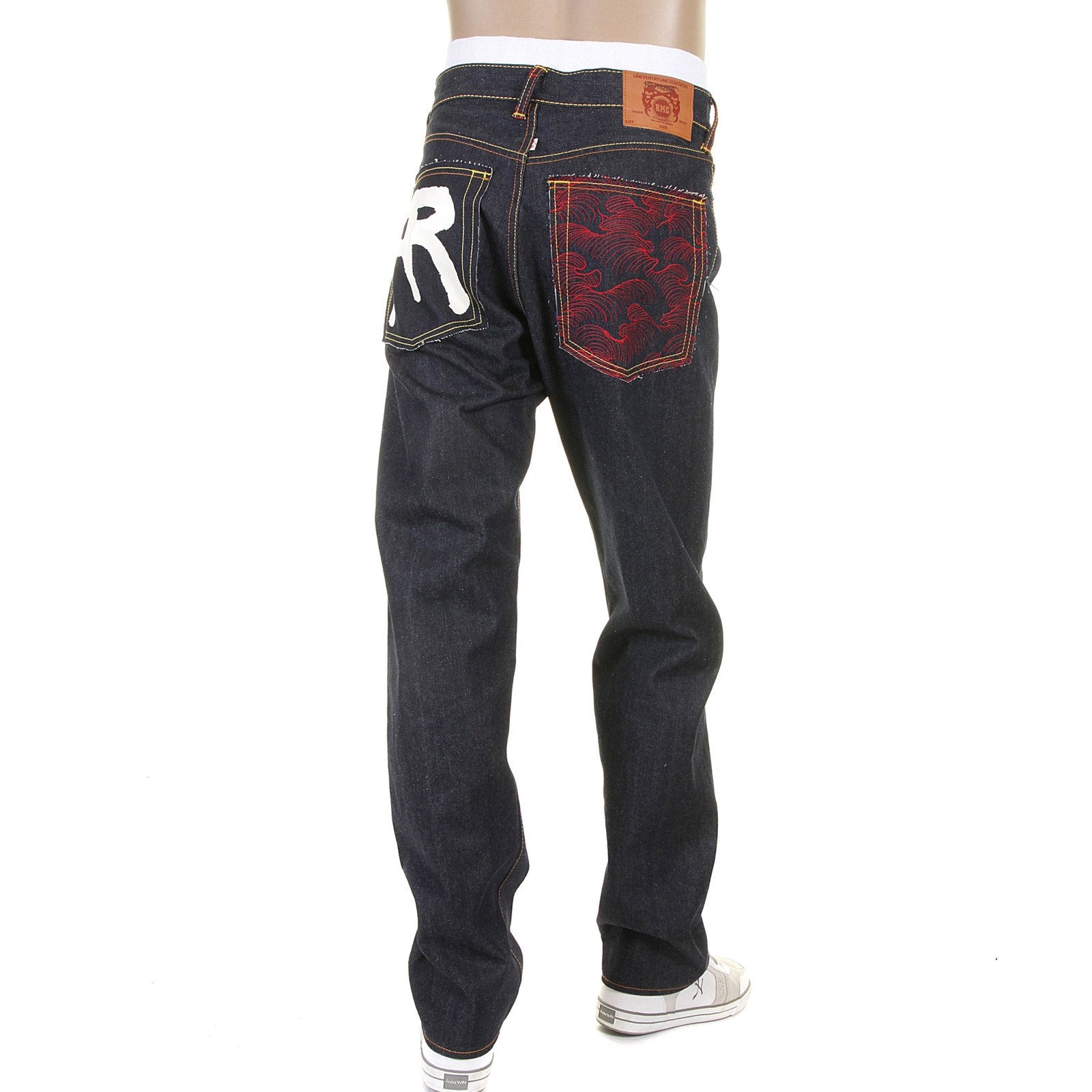 RMC JEANS SLIMMER CUT 1001 MODEL DARK INDIGO 888 R&R AND TSUNAMI WAVE EMBROIDERED RAW DENIM JEANS REDM5035