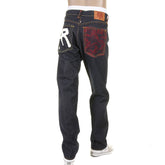 RMC JEANS SLIMMER CUT 1001 MODEL DARK INDIGO 888 R&R AND TSUNAMI WAVE EMBROIDERED RAW DENIM JEANS REDM5035