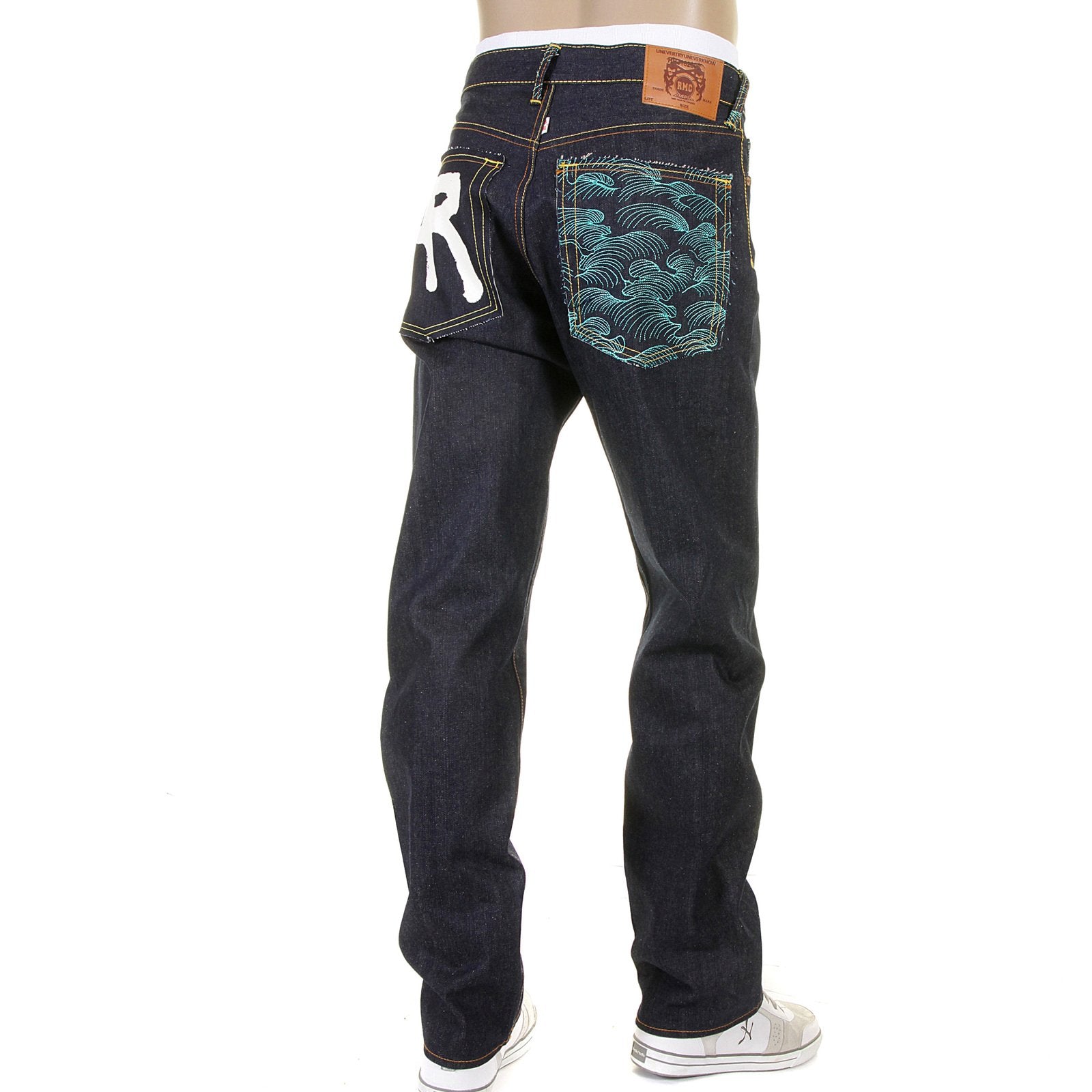 RMC DARK INDIGO SLIMMER CUT 1001 MODEL ROCK N ROLL 888 AND TSUNAMI WAVE EMBROIDERED RAW DENIM JEANS REDM5036