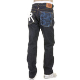 RMC JEANS DARK INDIGO 1001 MODEL SLIMMER CUT 888 RAW DENIM JEANS WITH R&R AND TSUNAMI WAVE EMBROIDERY REDM5037