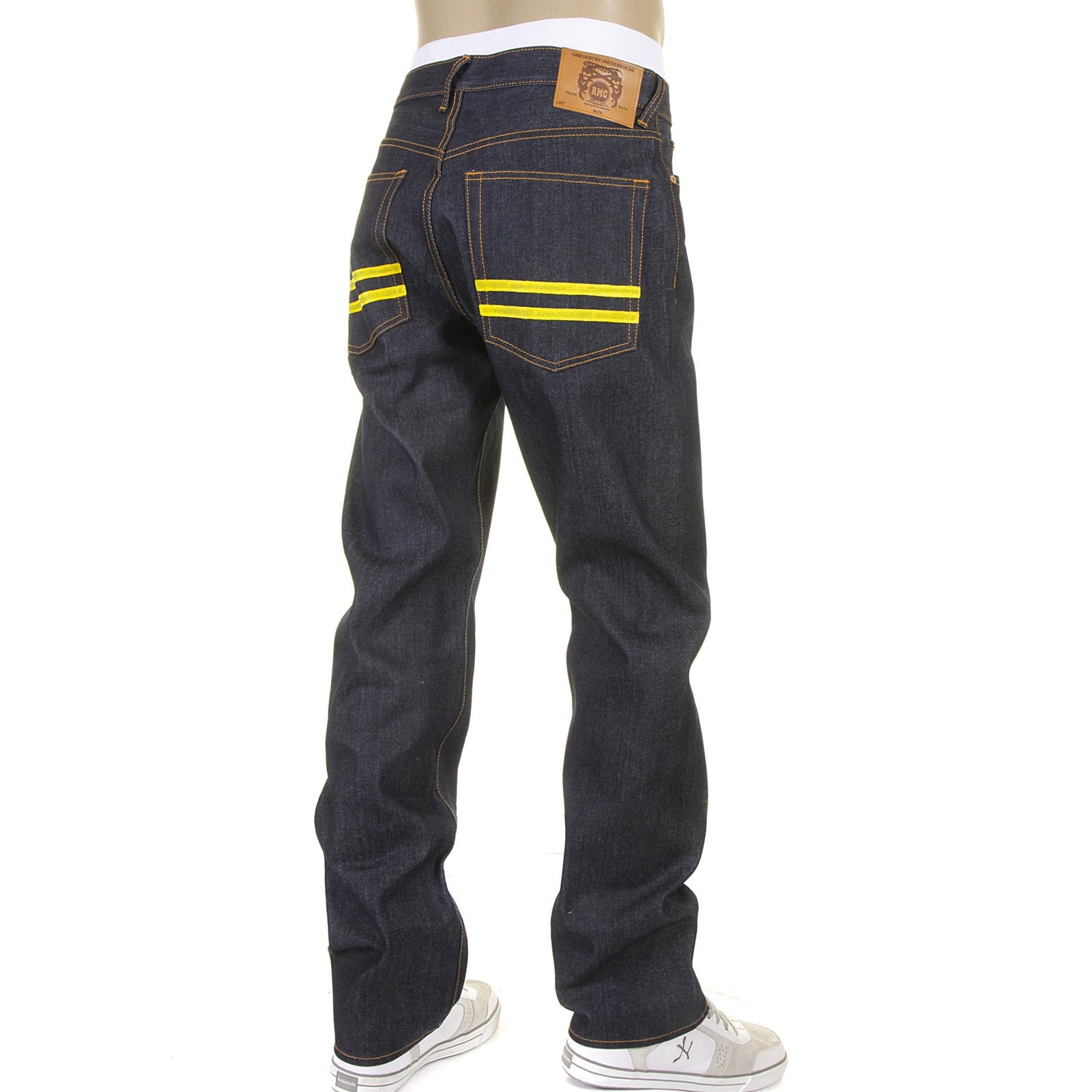 RMC SUPER EXCLUSIVE YELLOW HAND PAINTED DARK INDIGO SLIM CUT 1001 MODEL RAW DENIM JEANS FOR MEN REDM5648