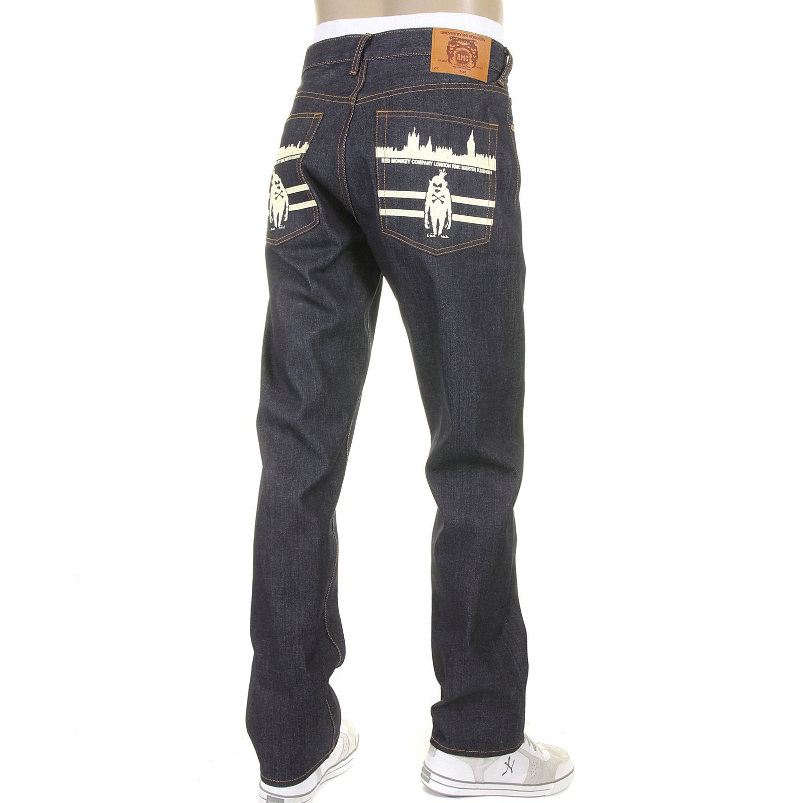 RMC JEANS VINTAGE MONKEY NEW YORK AND LONDON 1001 MODEL SLIMMER CUT 999 RAW DENIM JEANS IN DARK INDIGO REDM5817