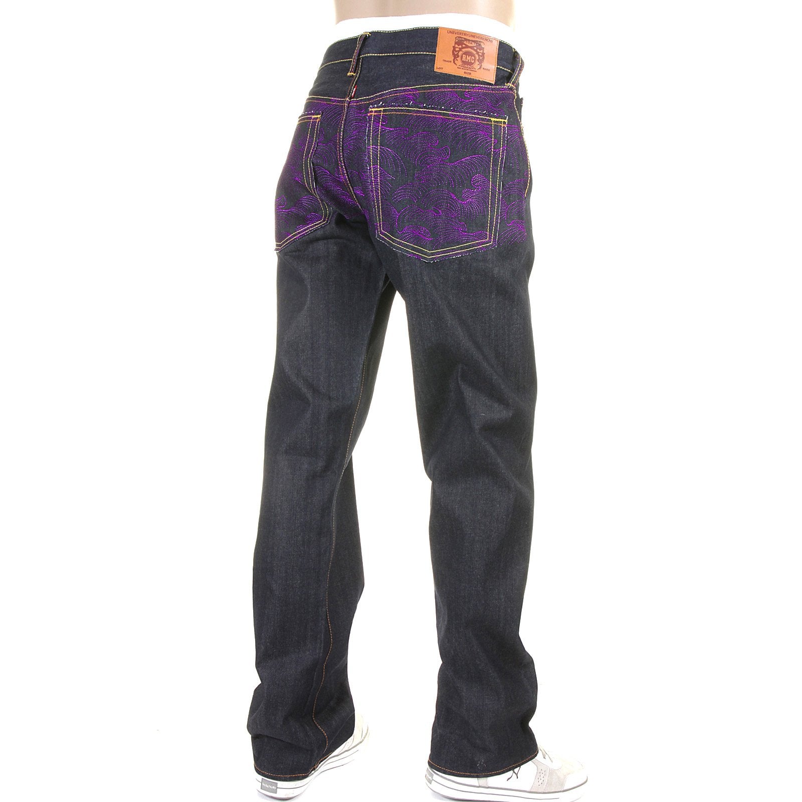 RMC JEANS EXCLUSIVE VIOLET TSUNAMI WAVE EMBROIDERED GENUINE RAW VINTAGE CUT DENIM JEANS REDM6312