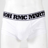 RMC JEANS WHITE COTTON RQU12007 STRETCH TRUNKS WITH BLACK LOGO WOVEN ON DEEP ELASTICATED WAISTBAND RMC001